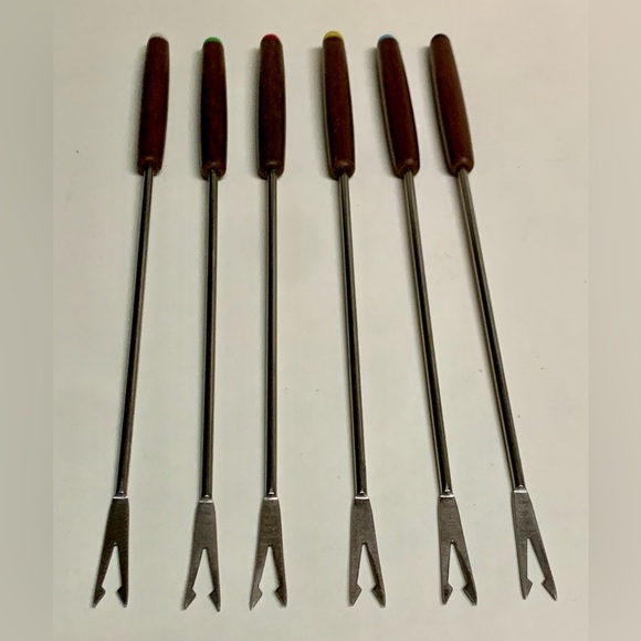 Set of 6 1960s Vintage Japanese Walnut Stainless Fondue Skewer Forks - Picture 8 of 10